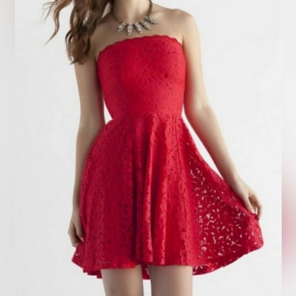 Brilliant Red Lace Strapless Dress
